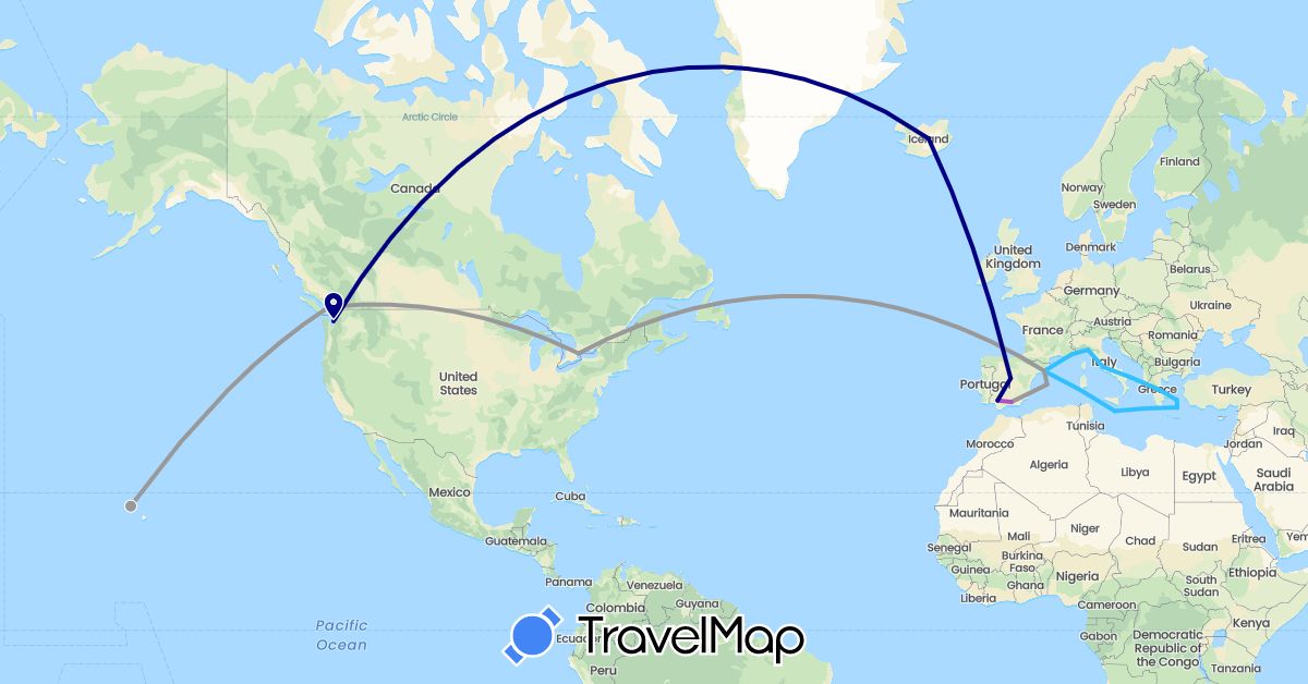 TravelMap itinerary: driving, plane, train, boat in Canada, Spain, France, Greece, Iceland, Italy, Malta, United States (Europe, North America)